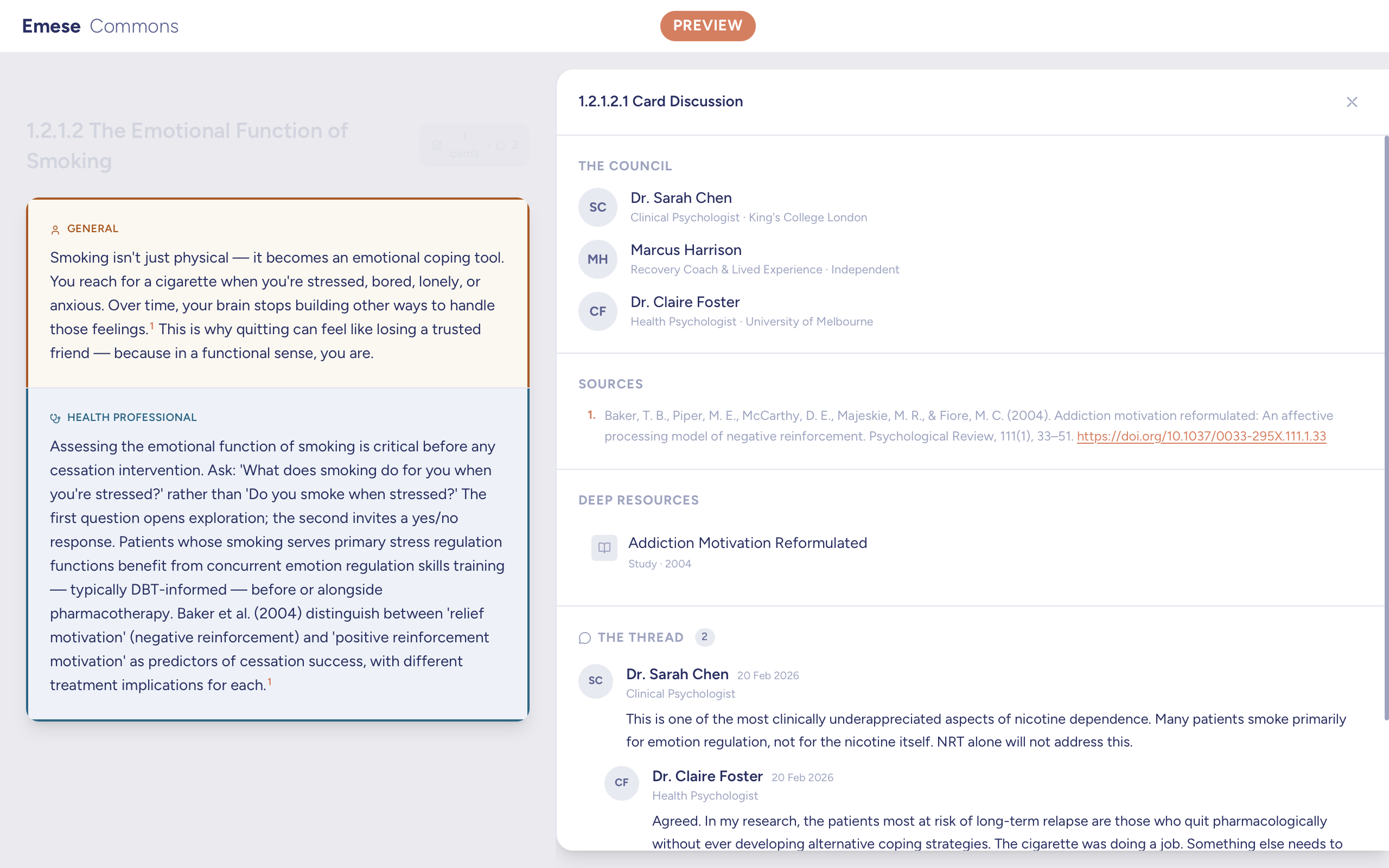 Emese Commons preview — knowledge card with professional discussion panel